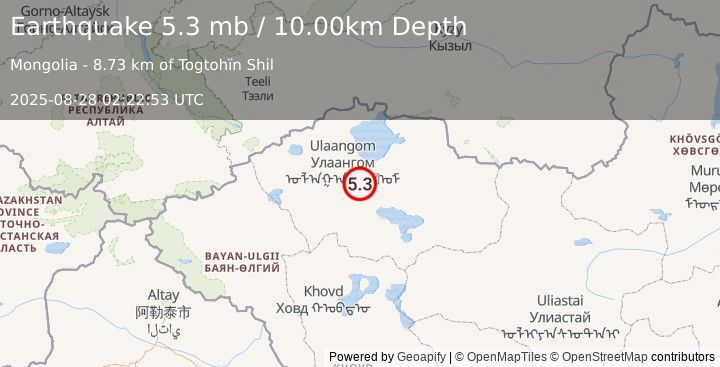 Earthquake 43 km SE of Ulaangom, Mongolia (5.3 mb) (2025-08-28 02:22:53 UTC)