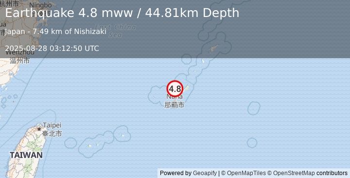 Earthquake 11 km WSW of Ie, Japan (4.8 mww) (2025-08-28 03:12:50 UTC)