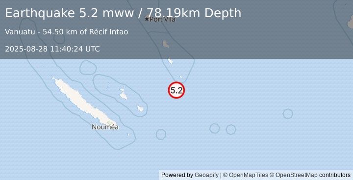 Earthquake 138 km SSE of Isangel, Vanuatu (5.2 mww) (2025-08-28 11:40:24 UTC)