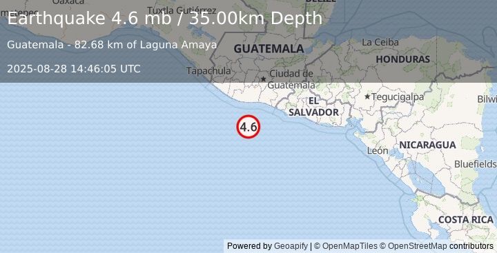 Earthquake 85 km SSW of Puerto San José, Guatemala (4.6 mb) (2025-08-28 14:46:05 UTC)