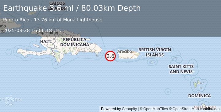 Earthquake 54 km WSW of Stella, Puerto Rico (3.6 ml) (2025-08-28 16:06:18 UTC)