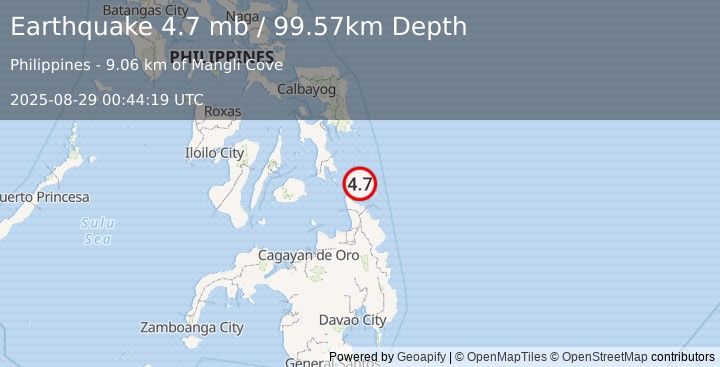 Earthquake 15 km NE of Cagdianao, Philippines (4.7 mb) (2025-08-29 00:44:19 UTC)