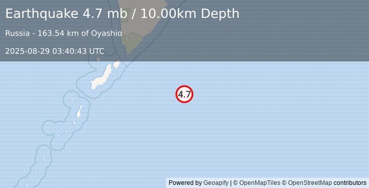 Earthquake 239 km ESE of Severo-Kuril’sk, Russia (4.7 mb) (2025-08-29 03:40:43 UTC)
