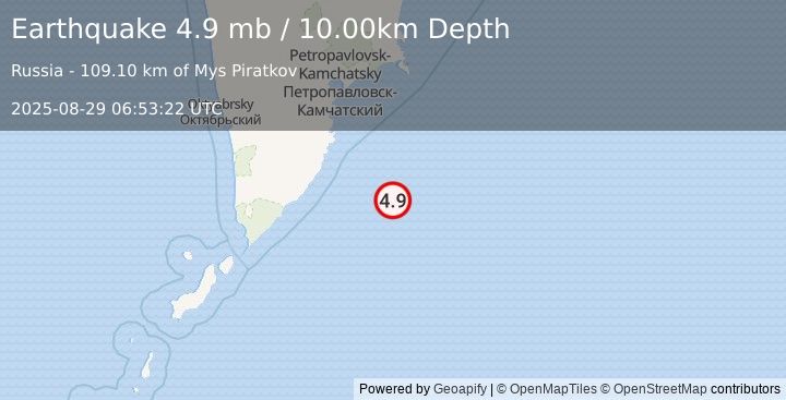 Earthquake 176 km SSE of Vilyuchinsk, Russia (4.9 mb) (2025-08-29 06:53:22 UTC)