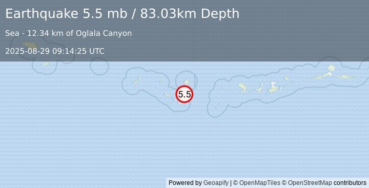 Earthquake 264 km W of Adak, Alaska (5.5 mb) (2025-08-29 09:14:25 UTC)
