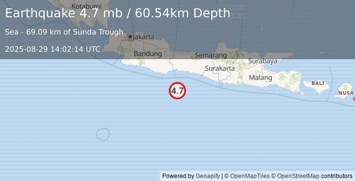 Earthquake 92 km S of Cilacap, Indonesia (4.7 mb) (2025-08-29 14:02:14 UTC)