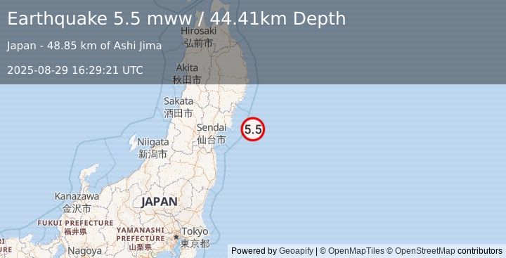 Earthquake 63 km E of Onagawa Chō, Japan (5.5 mww) (2025-08-29 16:29:21 UTC)