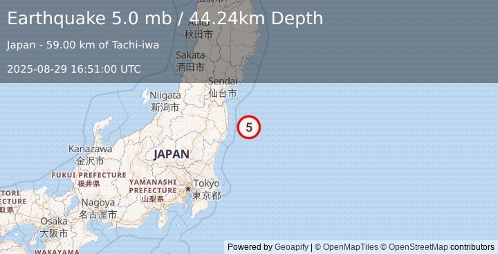 Earthquake 61 km E of Tomioka, Japan (5.0 mb) (2025-08-29 16:51:00 UTC)