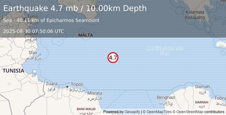 Earthquake 215 km SE of Marsaskala, Malta (4.7 mb) (2025-08-30 07:50:06 UTC)