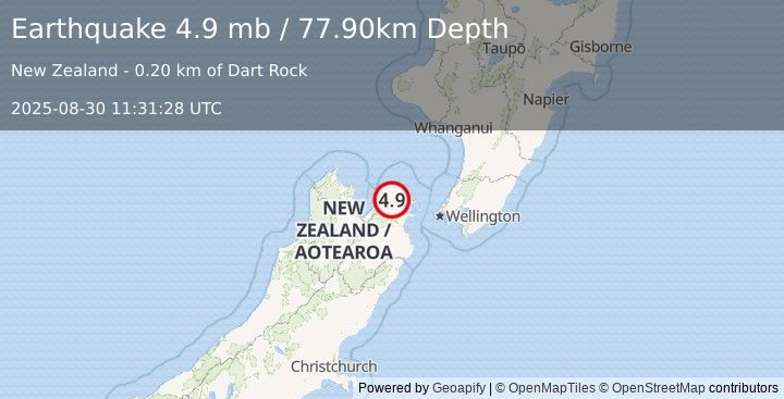 Earthquake 32 km NW of Waikawa, New Zealand (4.9 mb) (2025-08-30 11:31:28 UTC)