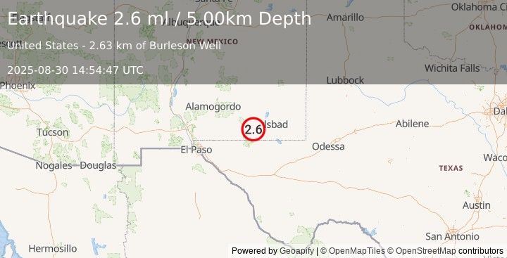 Earthquake 33 km WNW of Whites City, New Mexico (2.6 ml) (2025-08-30 14:54:47 UTC)
