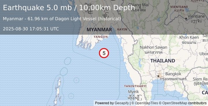 Earthquake 117 km SE of Pyapon, Burma (Myanmar) (5.0 mb) (2025-08-30 17:05:31 UTC)