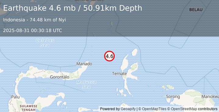 Earthquake 153 km WNW of Tobelo, Indonesia (4.6 mb) (2025-08-31 00:30:18 UTC)