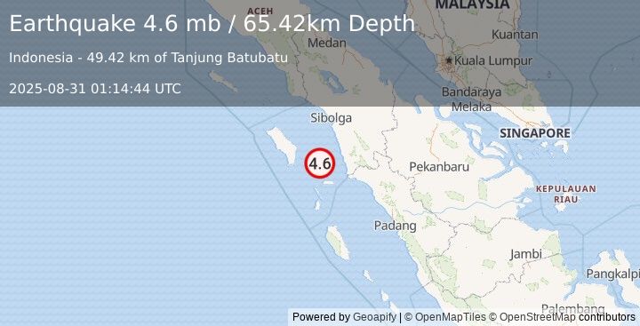 Earthquake 78 km E of Teluk Dalam, Indonesia (4.6 mb) (2025-08-31 01:14:44 UTC)