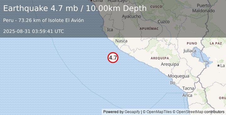 Earthquake 76 km SSW of San Juan, Peru (4.7 mb) (2025-08-31 03:59:41 UTC)