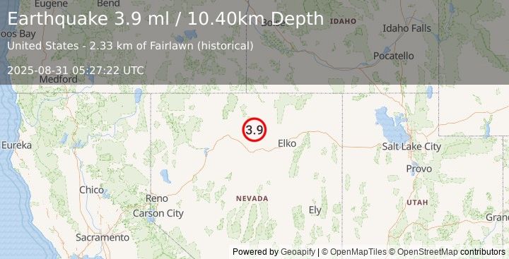 Earthquake 49 km NE of Valmy, Nevada (3.9 ml) (2025-08-31 05:27:22 UTC)