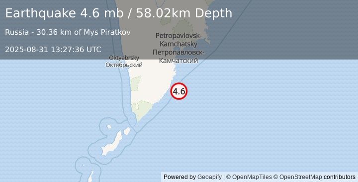 Earthquake 121 km S of Vilyuchinsk, Russia (4.6 mb) (2025-08-31 13:27:36 UTC)