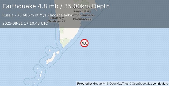 Earthquake 165 km E of Ozernovskiy, Russia (4.8 mb) (2025-08-31 17:10:48 UTC)