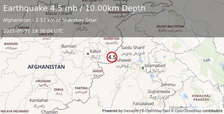 Earthquake 10 km N of Bāsawul, Afghanistan (4.5 mb) (2025-08-31 19:38:04 UTC)
