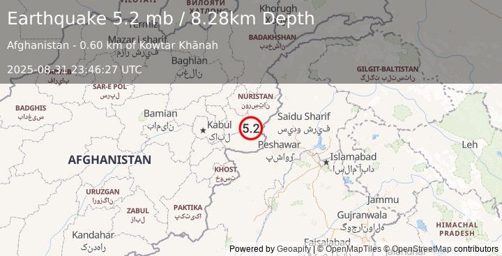 Earthquake 28 km NE of Jalālābād, Afghanistan (5.2 mb) (2025-08-31 23:46:27 UTC)