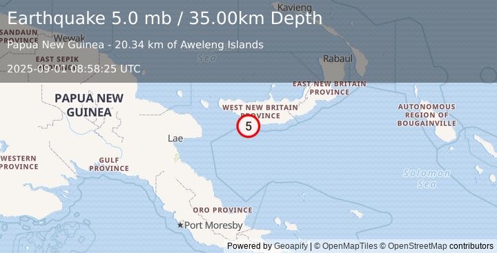 Earthquake 29 km SW of Kandrian, Papua New Guinea (5.0 mb) (2025-09-01 08:58:25 UTC)