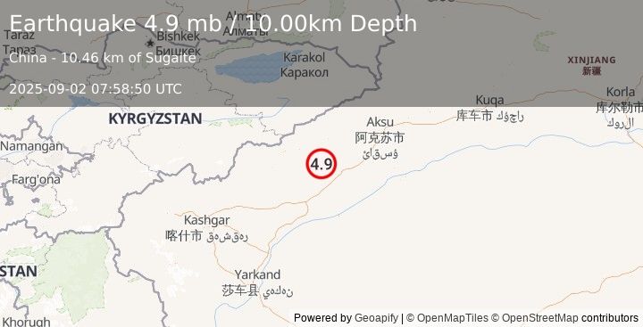 Earthquake 90 km NNW of Tumxuk, China (4.9 mb) (2025-09-02 07:58:50 UTC)