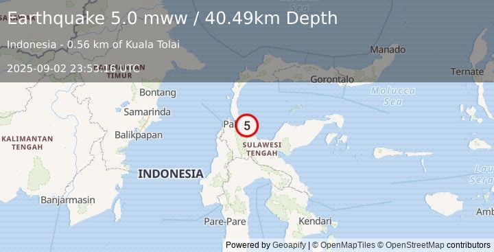 Earthquake 53 km E of Palu, Indonesia (5.0 mww) (2025-09-02 23:53:17 UTC)