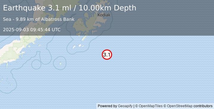 Earthquake 132 km SSE of Old Harbor, Alaska (3.1 ml) (2025-09-03 09:45:44 UTC)