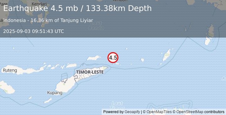 Earthquake 114 km NE of Lospalos, Timor Leste (4.5 mb) (2025-09-03 09:51:43 UTC)