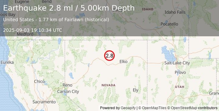 Earthquake 50 km NE of Valmy, Nevada (2.8 ml) (2025-09-03 19:10:34 UTC)