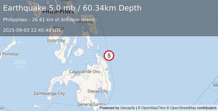 Earthquake 37 km ESE of Union, Philippines (5.0 mb) (2025-09-03 22:45:48 UTC)