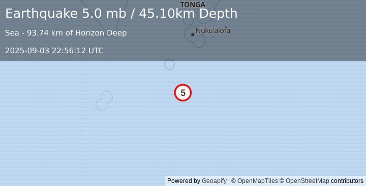 Earthquake 246 km SSW of ‘Ohonua, Tonga (5.0 mb) (2025-09-03 22:56:12 UTC)