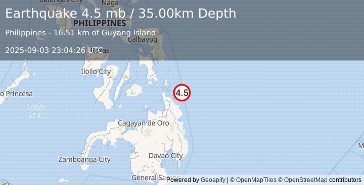 Earthquake 22 km E of Union, Philippines (4.5 mb) (2025-09-03 23:04:26 UTC)