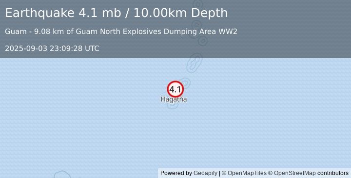 Earthquake 42 km N of Yigo Village, Guam (4.1 mb) (2025-09-03 23:09:28 UTC)