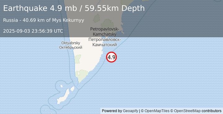 Earthquake 100 km SSE of Vilyuchinsk, Russia (4.9 mb) (2025-09-03 23:56:39 UTC)