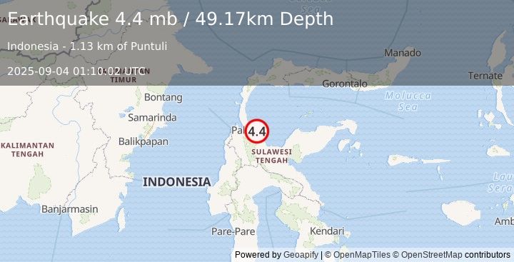 Earthquake 54 km E of Palu, Indonesia (4.4 mb) (2025-09-04 01:10:02 UTC)