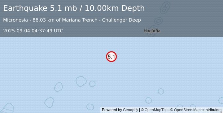 Earthquake 258 km NE of Fais, Micronesia (5.1 mb) (2025-09-04 04:37:49 UTC)