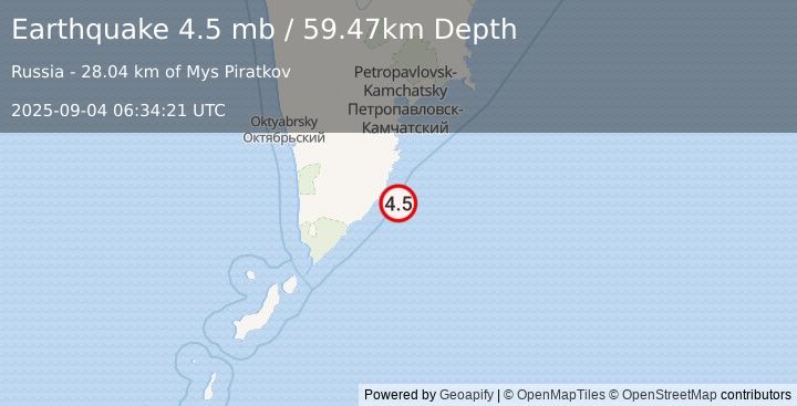 Earthquake 130 km S of Vilyuchinsk, Russia (4.5 mb) (2025-09-04 06:34:21 UTC)