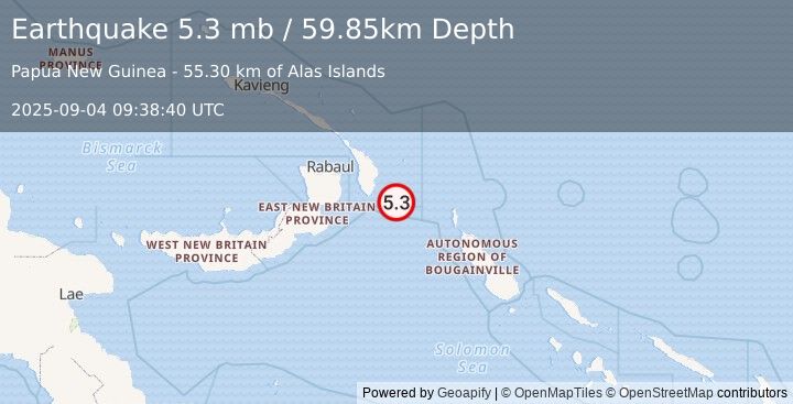 Earthquake 149 km ESE of Kokopo, Papua New Guinea (5.3 mb) (2025-09-04 09:38:40 UTC)
