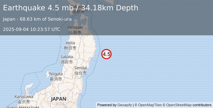 Earthquake 78 km ESE of Yamada, Japan (4.5 mb) (2025-09-04 10:23:57 UTC)