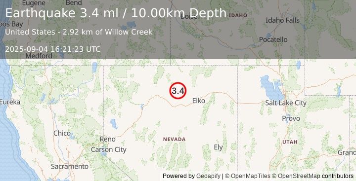 Earthquake 56 km NE of Valmy, Nevada (3.4 ml) (2025-09-04 16:21:23 UTC)