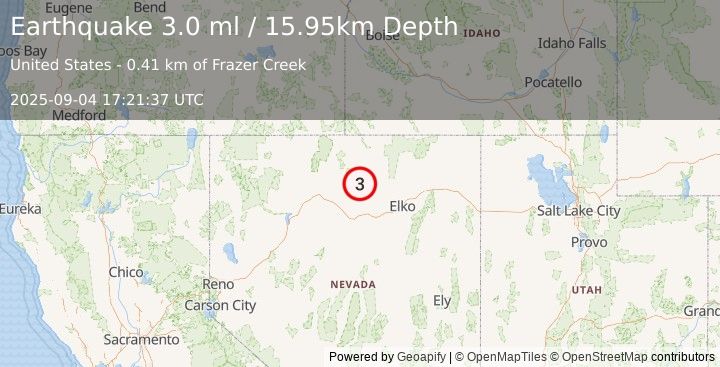Earthquake 58 km NE of Valmy, Nevada (3.0 ml) (2025-09-04 17:21:37 UTC)
