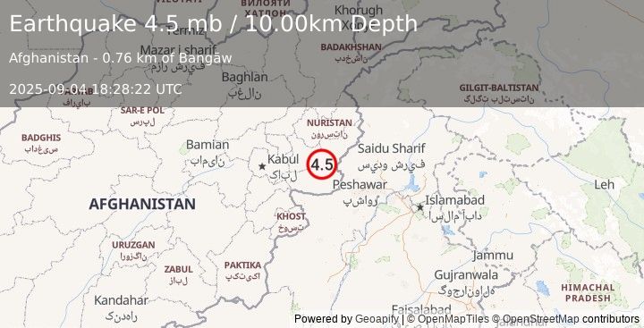 Earthquake 24 km NE of Jalālābād, Afghanistan (4.5 mb) (2025-09-04 18:28:22 UTC)