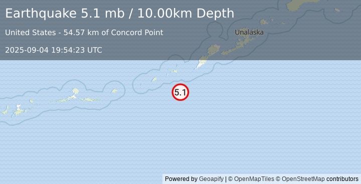 Earthquake 85 km SSW of Nikolski, Alaska (5.1 mb) (2025-09-04 19:54:23 UTC)