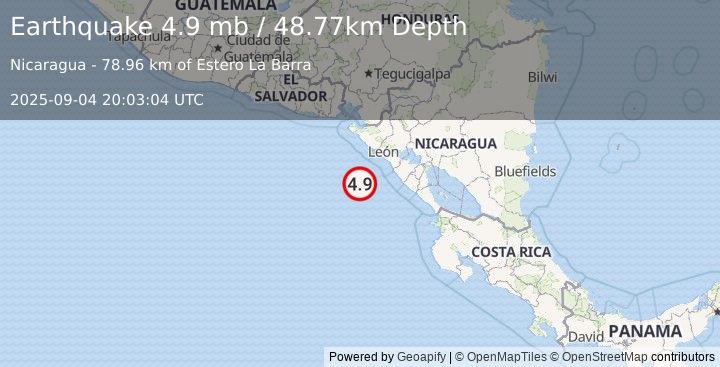 Earthquake 85 km SSW of Corinto, Nicaragua (4.9 mb) (2025-09-04 20:03:04 UTC)
