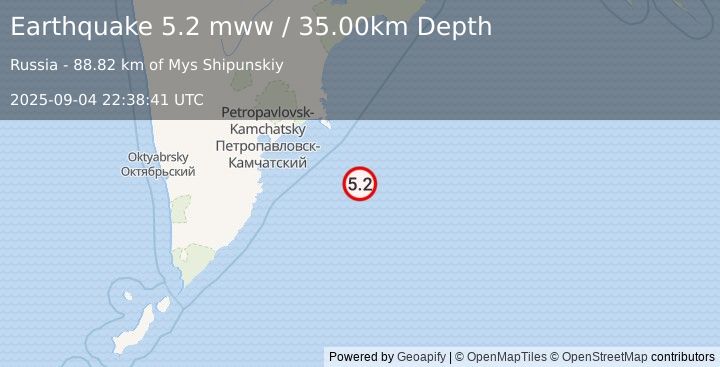 Earthquake 156 km ESE of Petropavlovsk-Kamchatsky, Russia (5.2 mww) (2025-09-04 22:38:41 UTC)
