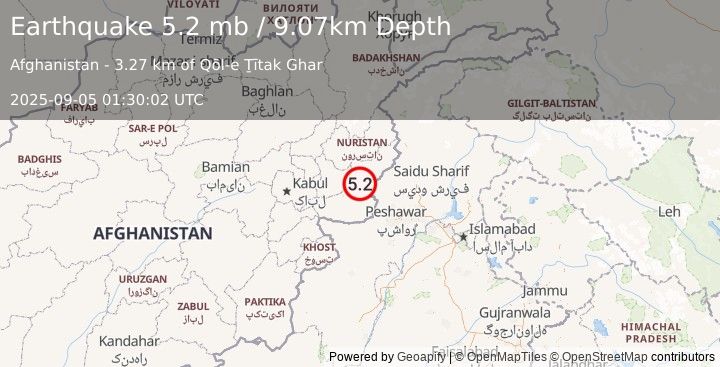 Earthquake 39 km SW of Asadābād, Afghanistan (5.2 mb) (2025-09-05 01:30:02 UTC)