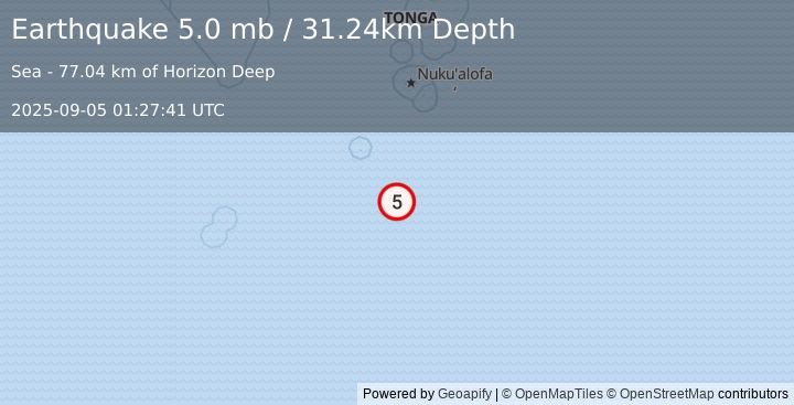 Earthquake 227 km SSW of ‘Ohonua, Tonga (5.0 mb) (2025-09-05 01:27:41 UTC)