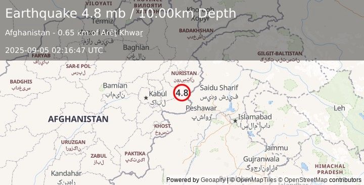 Earthquake 40 km WSW of Asadābād, Afghanistan (4.8 mb) (2025-09-05 02:16:47 UTC)