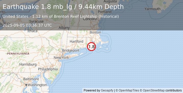 Earthquake 5 km ESE of Narragansett, Rhode Island (1.8 mb_lg) (2025-09-05 03:36:37 UTC)